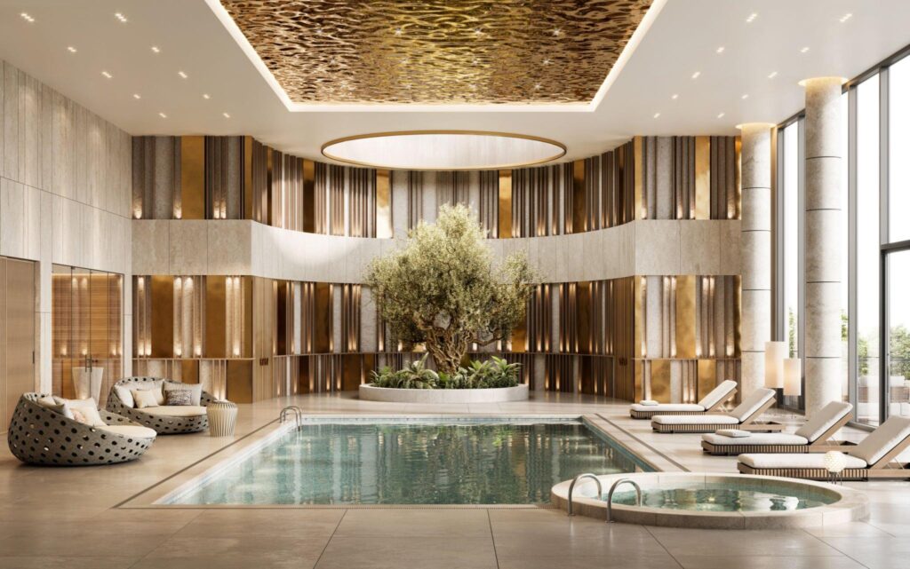 interior rendering of a luxury hotel swimming pool
