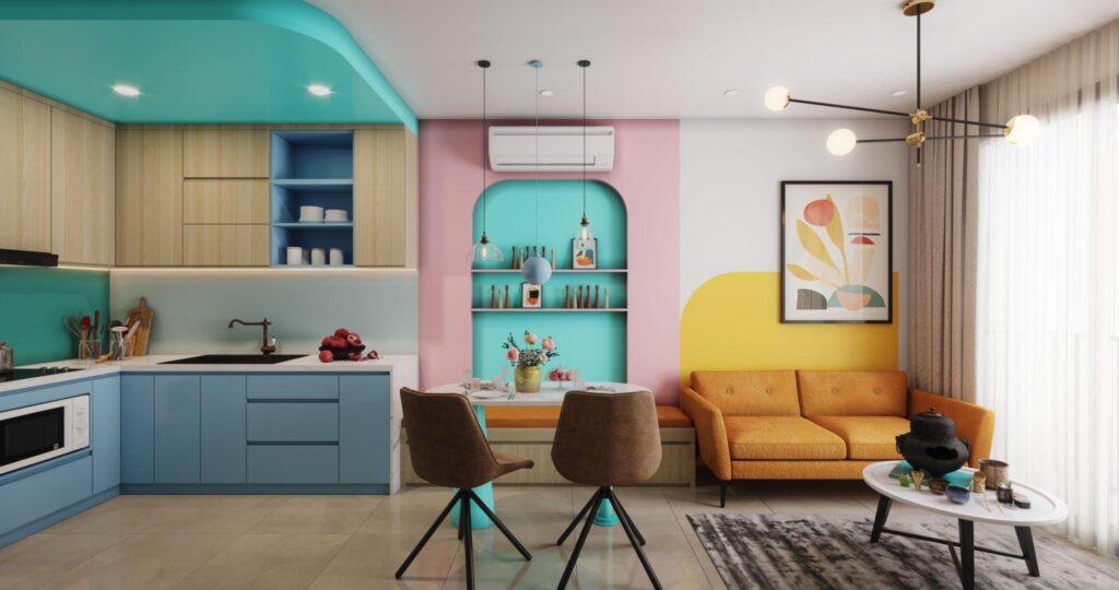 interior rendering of living room with bold colours