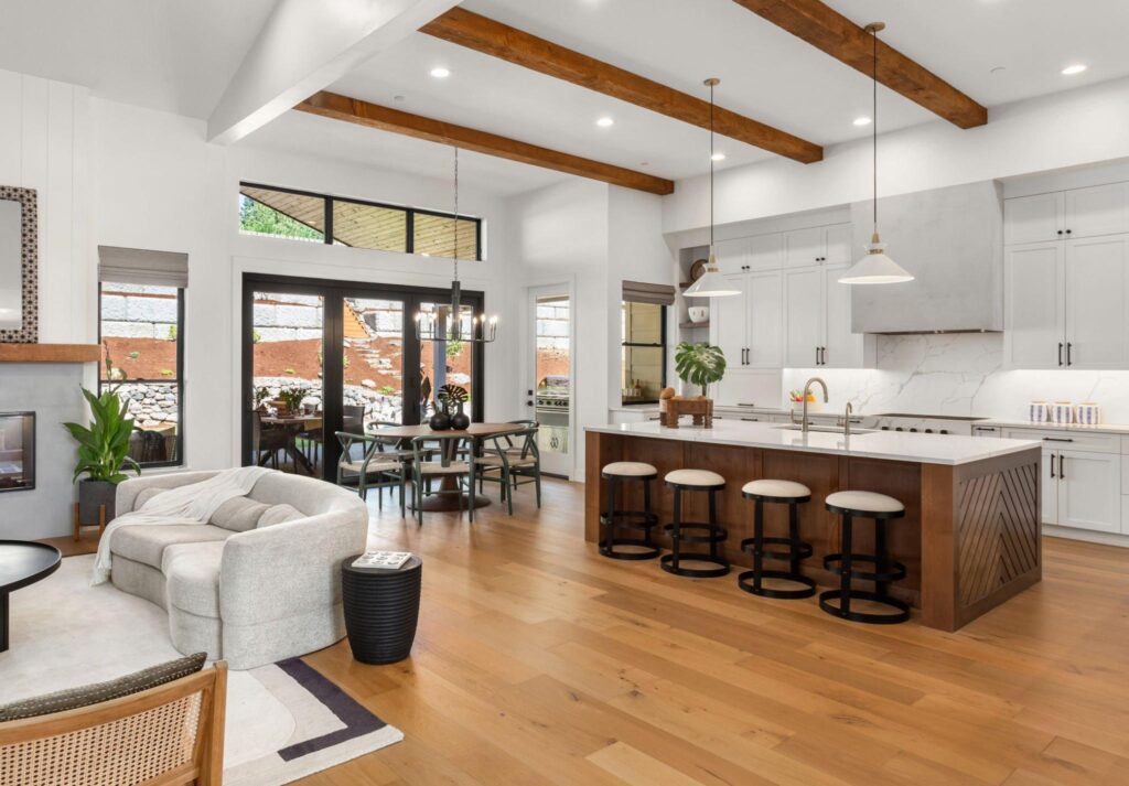 side view of combined kitchen and living room