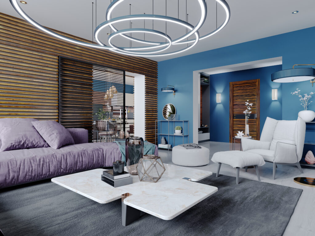 New design of multi-colored living room in contemporary style. Purple furniture, white and black cabinets and shelves, blue walls and wooden planks.