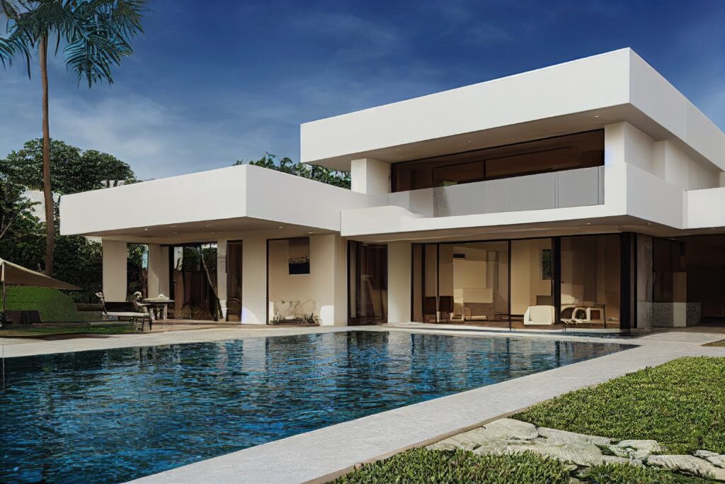 Luxury pool villa spectacular contemporary design digital art real estate , home, house and property