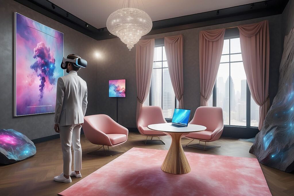 virtual reality art auction experience futuristic gallery with bidding mockup