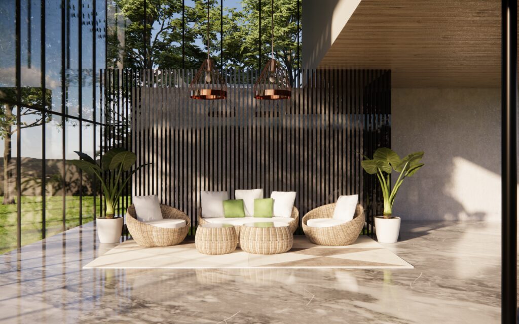 living room interior with white furniture green plant