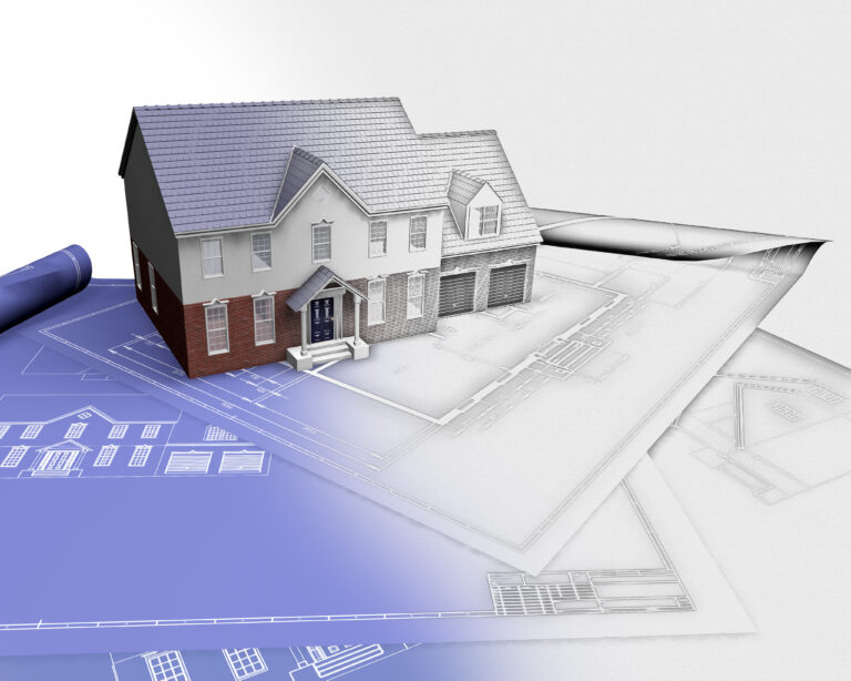 3D architectural rendering of a house on blueprints with half in sketch phase