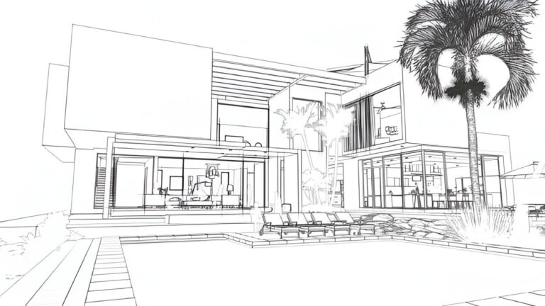 Architectural sketch of a luxurious modern house featuring open spaces, glass walls, a swimming pool, and surrounding greenery.